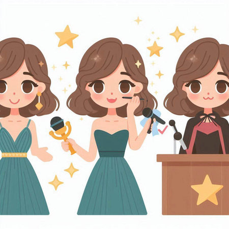 Illustration of a young woman singing in a microphone with stars around herのイラスト素材