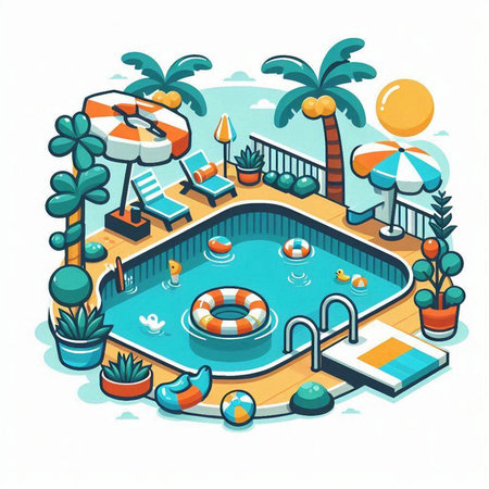 Swimming pool on the beach. Vector illustration in cartoon style.のイラスト素材