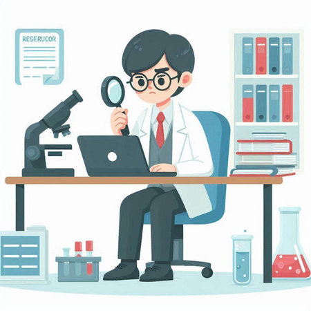 Scientist working at the laboratory. Flat design vector illustration isolated on white background.のイラスト素材