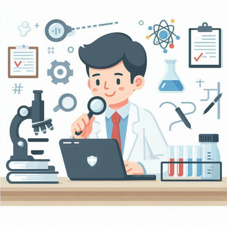Scientist working with laptop in laboratory. Flat style vector illustration.のイラスト素材