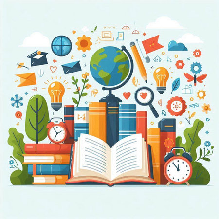 Back to school concept. Vector illustration with books, globe, alarm clock, school supplies, flowers and icons.のイラスト素材