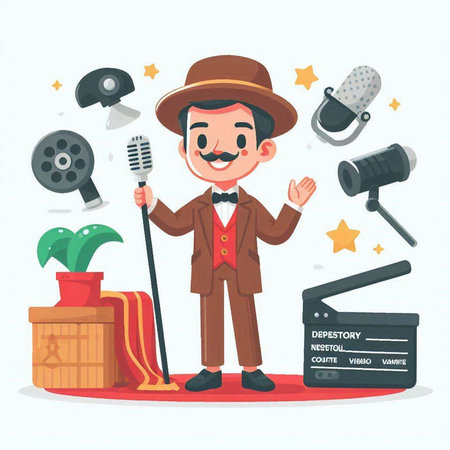 Retro style man with microphone. Vector illustration in cartoon style.のイラスト素材