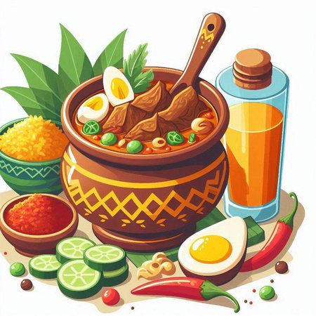 Illustration of a bowl of soup with meat, eggs and spicesのイラスト素材