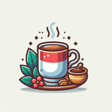 Coffee cup with coffee beans and berries. Vector illustration.のイラスト素材