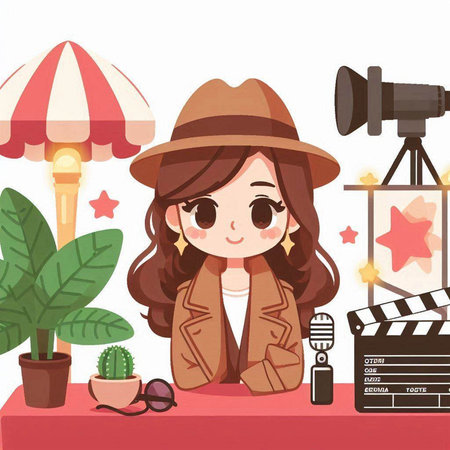 Illustration of a woman in a hat with a movie clapperのイラスト素材