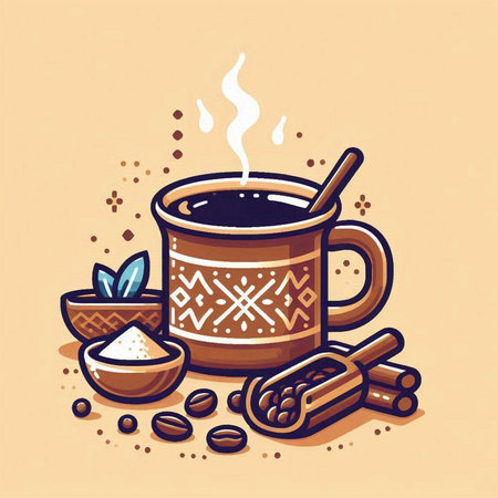 Cup of coffee with cinnamon, beans and cinnamon sticks. Vector illustration.のイラスト素材