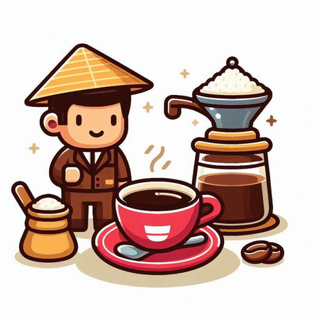 Illustration of a Cute Asian Man Drinking Coffee with a Coffee Grinderのイラスト素材