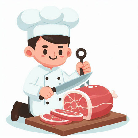 Chef cutting meat with a knife. Vector illustration in cartoon styleのイラスト素材