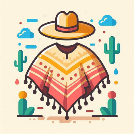 Mexican poncho and hat. Vector illustration in flat styleのイラスト素材