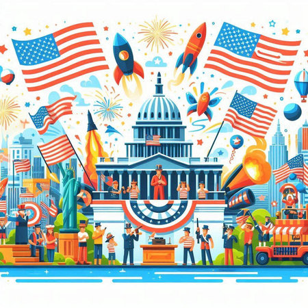 United states of america independence day celebration poster with flags and fireworks vector illustrationのイラスト素材