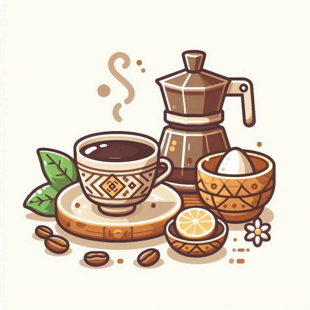 Coffee pot and cup with coffee beans. Vector illustration.のイラスト素材