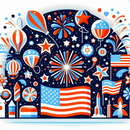 American Independence Day holiday background with balloons, fireworks and stars. Vector illustration.のイラスト素材