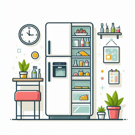 Kitchen interior. Refrigerator and kitchenware. Vector illustrationのイラスト素材