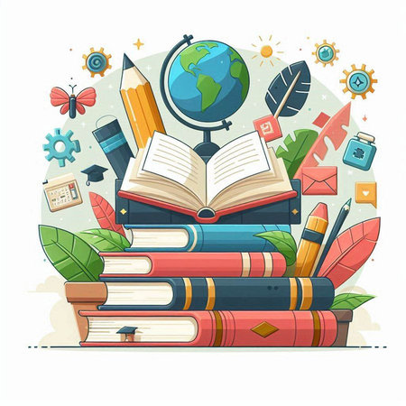 Vector illustration of books, globe, pencils and other school supplies.のイラスト素材