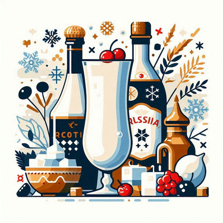 Christmas and New Year greeting card with bottles of wine. Vector illustration.のイラスト素材