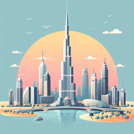 Dubai skyline at sunset, United Arab Emirates, vector illustration.のイラスト素材