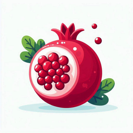 Pomegranate fruit with leaves. Vector illustration in cartoon style.のイラスト素材