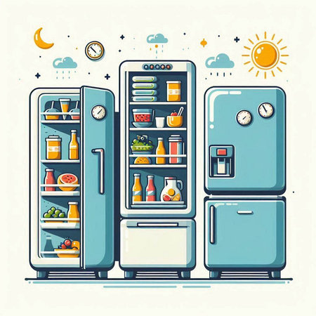 Refrigerator with food and drinks. Vector illustration in flat styleのイラスト素材