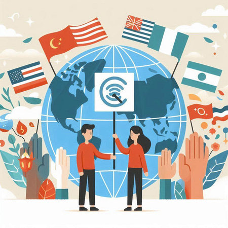 People holding the flags of different countries. Vector illustration in flat styleのイラスト素材