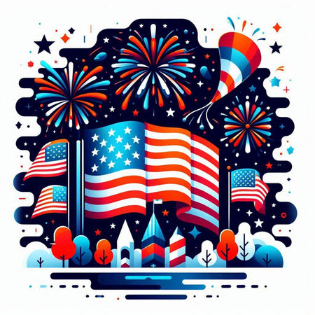 American flag and fireworks in the sky. Vector illustration in flat styleのイラスト素材