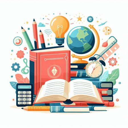 Back to school background with books, pencils, globe, calculator and other supplies. Vector illustration.のイラスト素材