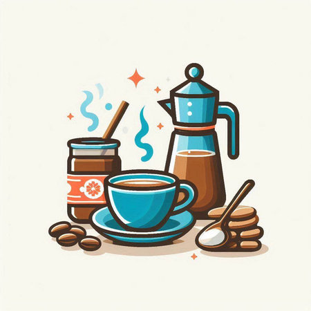 Coffee set. Vector illustration. Coffee cup, teapot, coffee beans.のイラスト素材