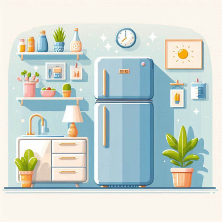 Kitchen interior with refrigerator and other household objects. Flat vector illustration.のイラスト素材