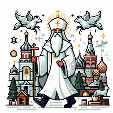 Russian orthodox priest in a white coat with a cross in his hands. Vector illustration.のイラスト素材