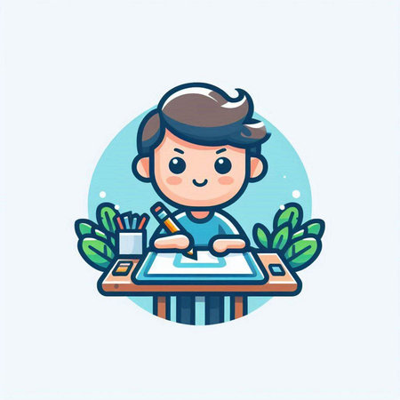 Illustration of a Cute Boy Studying at His Desk - Vectorのイラスト素材