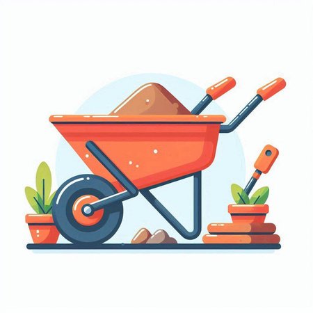 Wheelbarrow with soil and gardening tools. Flat vector illustration.のイラスト素材