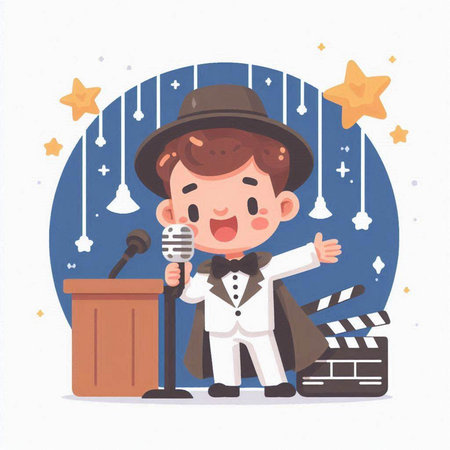 Cute boy with microphone and clapperboard. Vector illustration.のイラスト素材