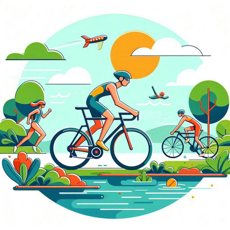 Cyclists in the park. Vector illustration in flat style.のイラスト素材