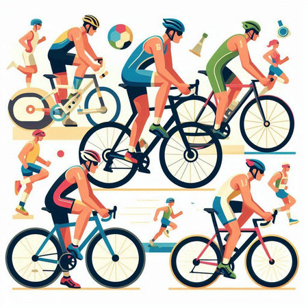 Cyclists, cyclists, athletes, men and women in sportswear riding bicycles, flat vector illustration.のイラスト素材