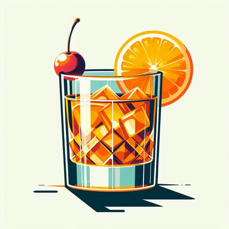 Cocktail with ice, cherry and orange. Vector illustration.のイラスト素材