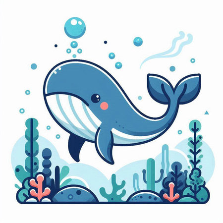 Cute cartoon whale swimming in the sea. Vector illustration in a flat styleのイラスト素材
