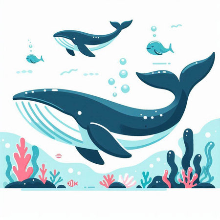 Underwater scene with blue whale and corals. Vector illustration.のイラスト素材