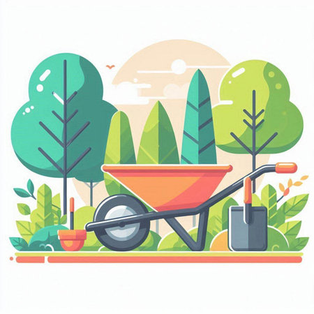 Gardening flat vector illustration. Wheelbarrow, rake, shovel, trowel, wheelbarrow in the garden.のイラスト素材