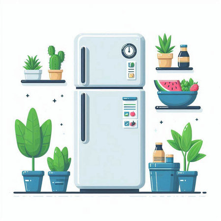Modern fridge in flat style. Refrigerator and plants. Vector illustrationのイラスト素材