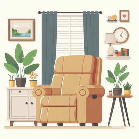 Living room interior with armchair, bookshelf, plants and window with curtains. Vector illustrationのイラスト素材