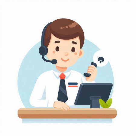 Call center operator with headset and computer. Vector illustration in flat styleのイラスト素材