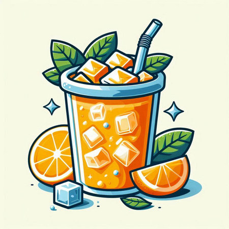 Orange smoothie with ice cubes and mint leaves. Vector illustration.のイラスト素材