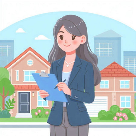 Young business woman on the background of a house. Vector illustration.のイラスト素材