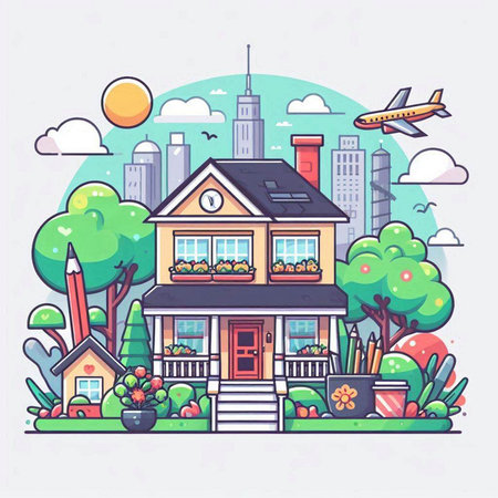 Vector illustration of a cute cartoon house on the background of the city.のイラスト素材