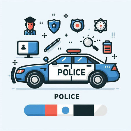 Police car and police tools. Vector illustration in thin line style.のイラスト素材