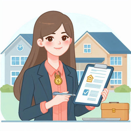 Real estate agent woman with house and mobile phone. Vector illustration.のイラスト素材