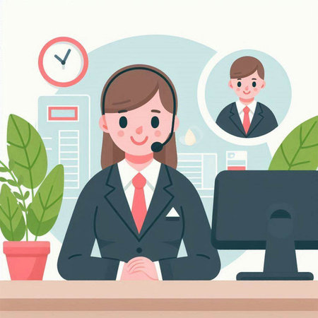 Business woman in call center. Vector illustration in a flat style.のイラスト素材