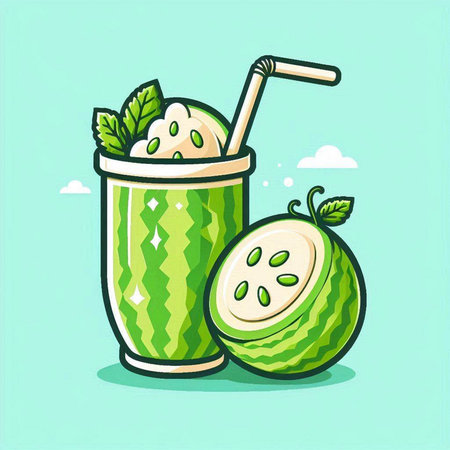 Fresh guava smoothie in a glass with a straw. Vector illustration.のイラスト素材