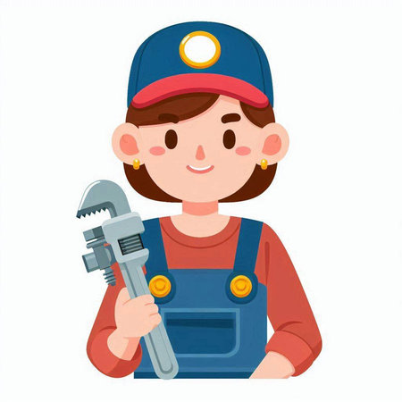 Female plumber holding a wrench. Vector illustration in cartoon style.のイラスト素材