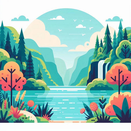 Autumn landscape with river, forest and lake. Flat vector illustration.のイラスト素材