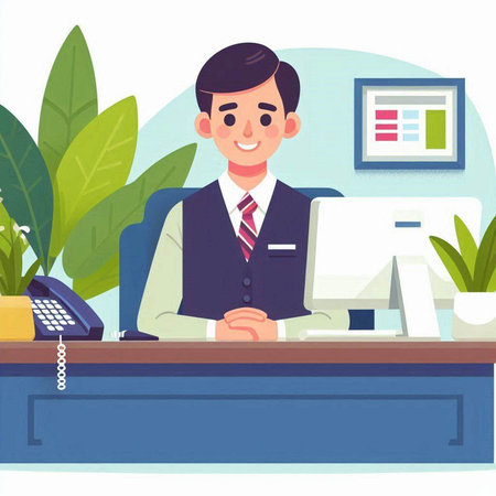 Businessman sitting at desk in office. Flat style vector illustration.のイラスト素材